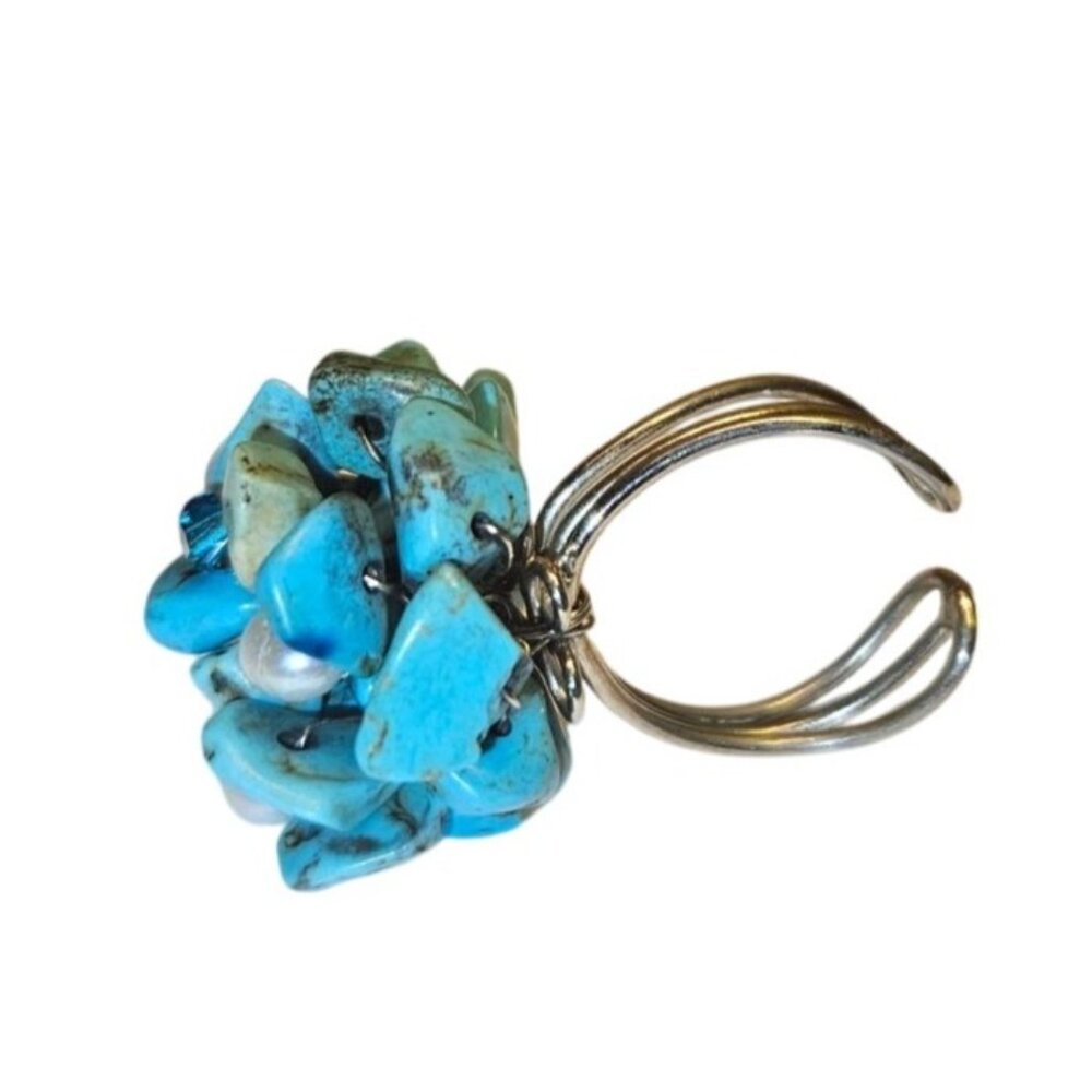 Statement Ring Adjustable‎ Turquoise & Pearl Cluster With Silver-Tone Band
